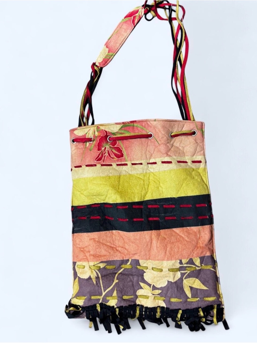 Y2K vintage LAPIS BOHO fringe floral striped patchwork shoulder bag
